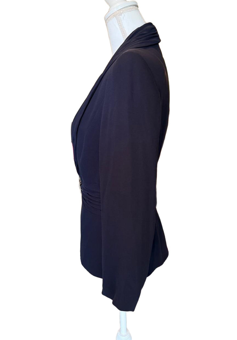 Dark Navy Escada Draped Blazer Rhinestone Clasp Evening Formal, Size 40