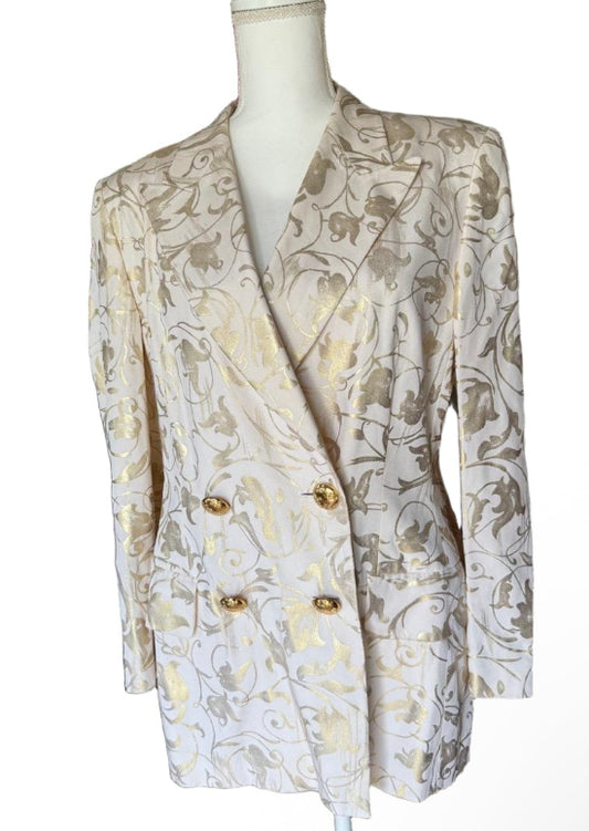 Escada Womens Cream Gold Brocade Blazer Double Breasted Size 40 (oversized)