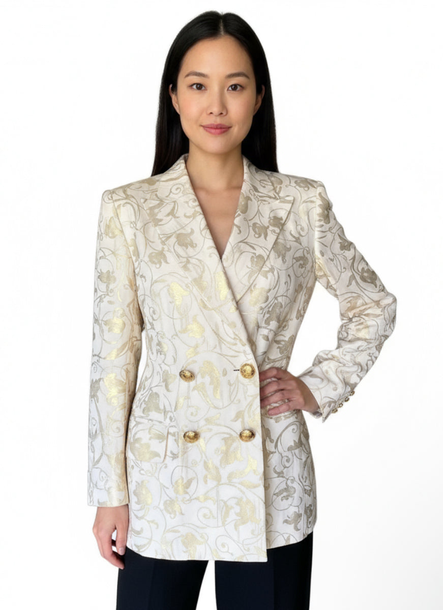 Escada Womens Cream Gold Brocade Blazer Double Breasted Size 40 (oversized)