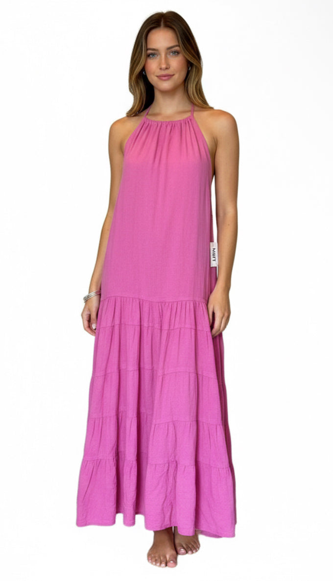 New Free People Womens XL Pink Halter Open Back Tiered Maxi Dress