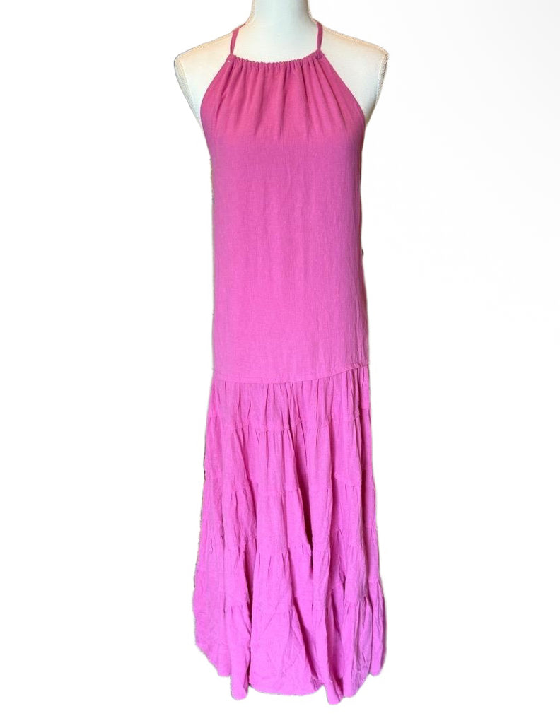 New Free People Womens XL Pink Halter Open Back Tiered Maxi Dress