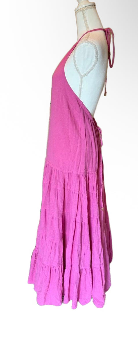New Free People Womens XL Pink Halter Open Back Tiered Maxi Dress