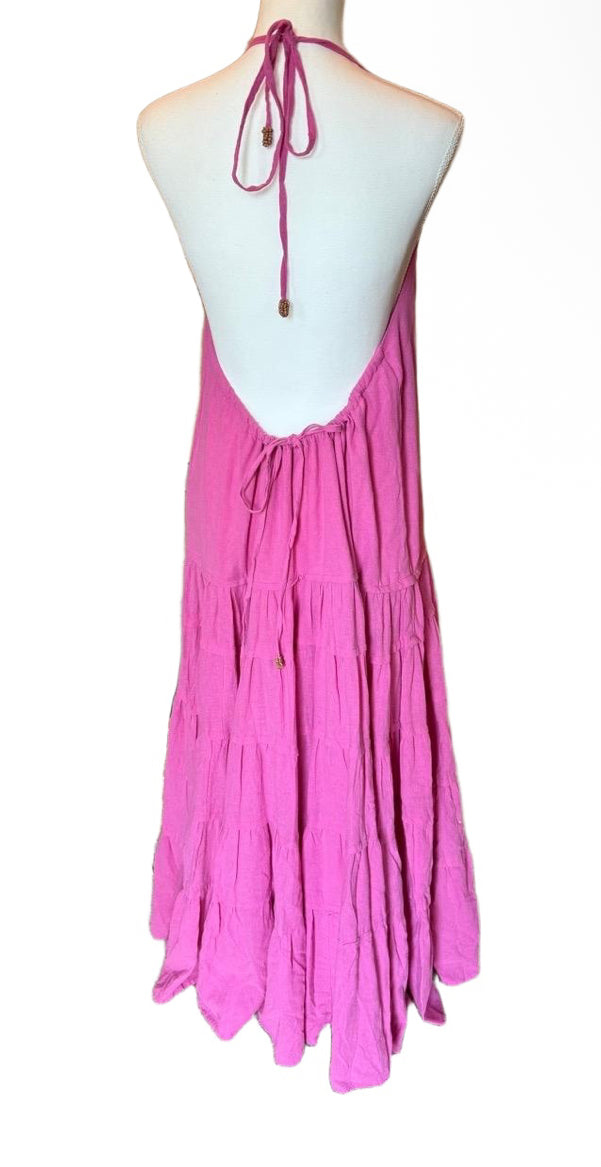 New Free People Womens XL Pink Halter Open Back Tiered Maxi Dress