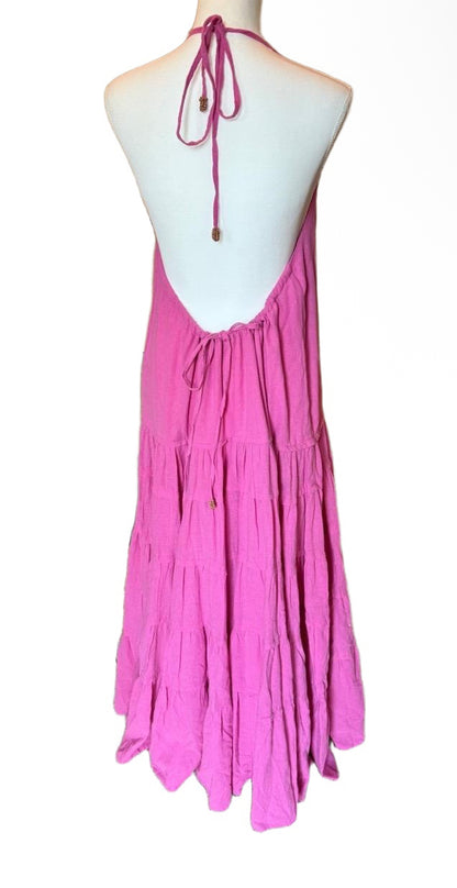 New Free People Womens XL Pink Halter Open Back Tiered Maxi Dress