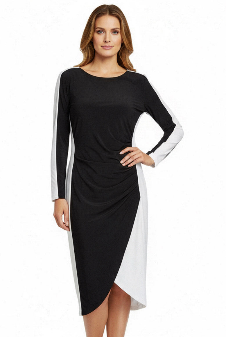 Lauren by Ralph Lauren Womens Size 12 Black White Colorblock Ruched Midi Dress