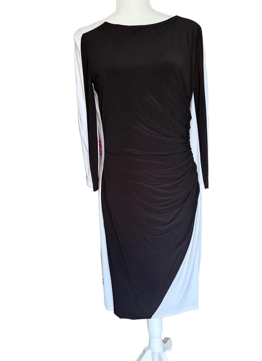 Lauren by Ralph Lauren Womens Size 12 Black White Colorblock Ruched Midi Dress