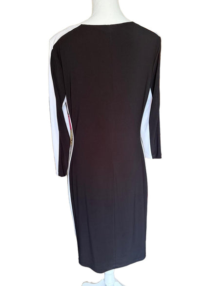 Lauren by Ralph Lauren Womens Size 12 Black White Colorblock Ruched Midi Dress