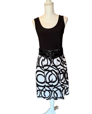 Joseph Ribkoff Black White Geometric A-Line Sleeveless Belted Dress, size 10