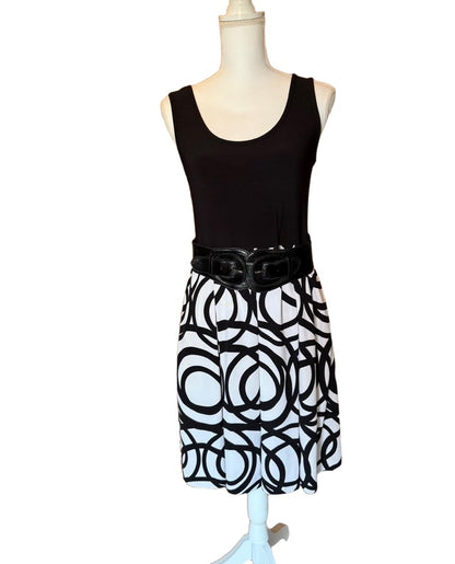 Joseph Ribkoff Black White Geometric A-Line Sleeveless Belted Dress, size 10