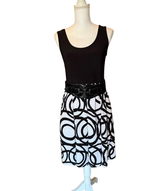 Joseph Ribkoff Black White Geometric A-Line Sleeveless Belted Dress, size 10
