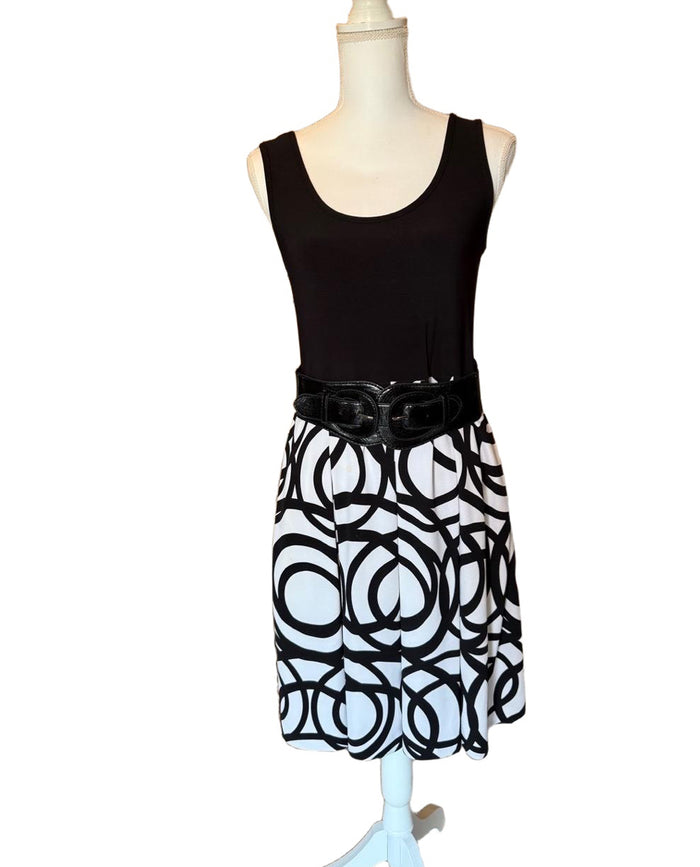 Joseph Ribkoff Black White Geometric A-Line Sleeveless Belted Dress, size 10