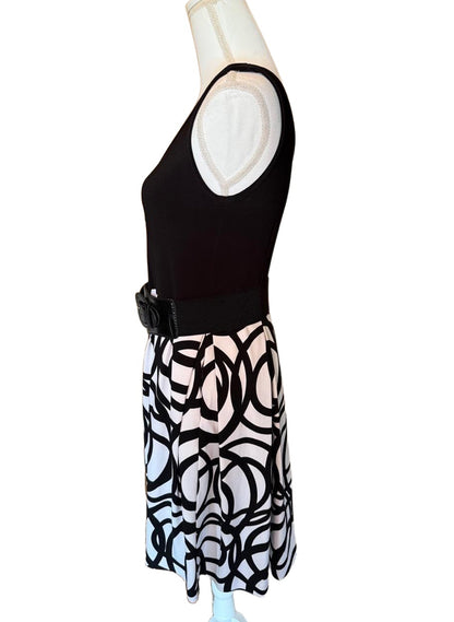 Joseph Ribkoff Black White Geometric A-Line Sleeveless Belted Dress, size 10