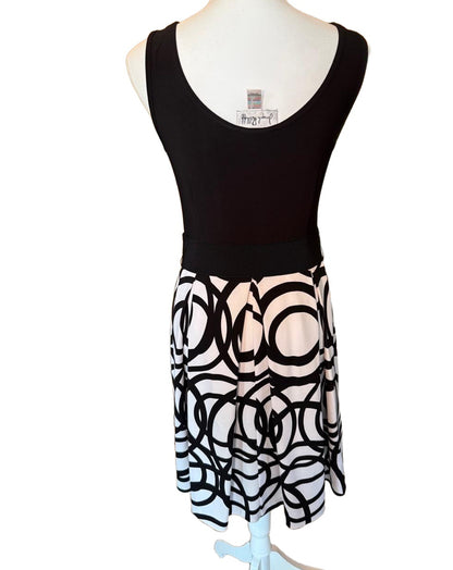 Joseph Ribkoff Black White Geometric A-Line Sleeveless Belted Dress, size 10