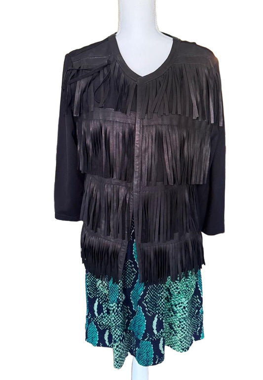 Grayse Black Fringe Leather Tiered Jacket, Size L