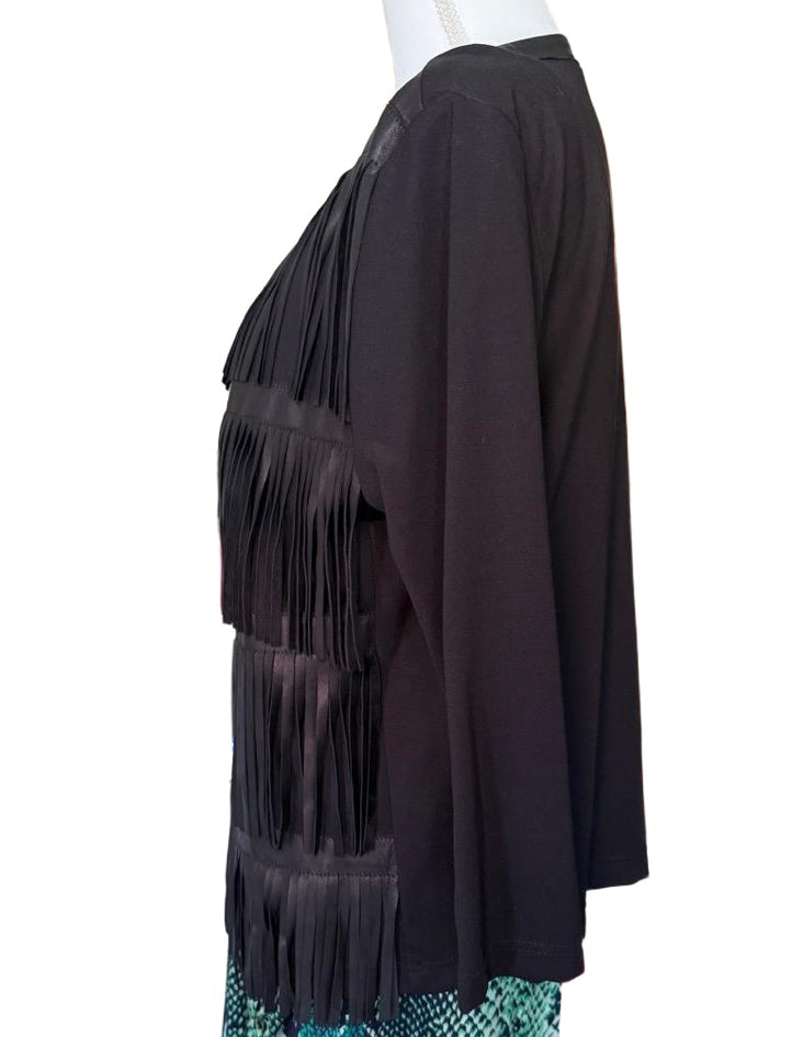 Grayse Black Fringe Leather Tiered Jacket, Size L