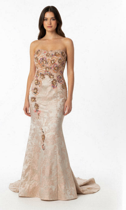 Terani Women’s Gown Champagne Gold Strapless Beaded Sweetheart Neckline size 18