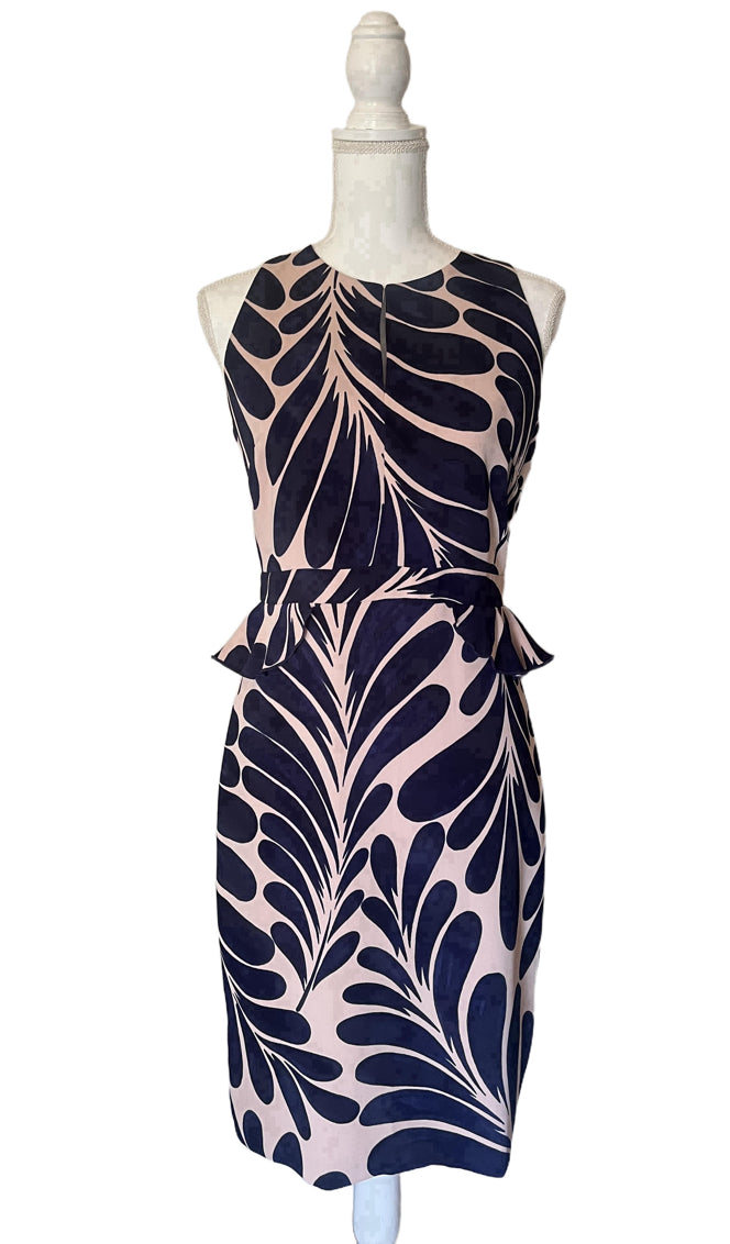 Ann Taylor Womens Size 4 Dark Blue Pink Leaf Print Peplum Sleeveless Dress