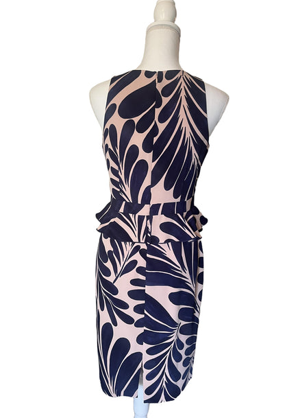 Ann Taylor Womens Size 4 Dark Blue Pink Leaf Print Peplum Sleeveless Dress