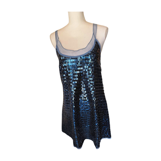 New Free People Blue Sequin Party Dress with Sheer Mesh Detail, Small