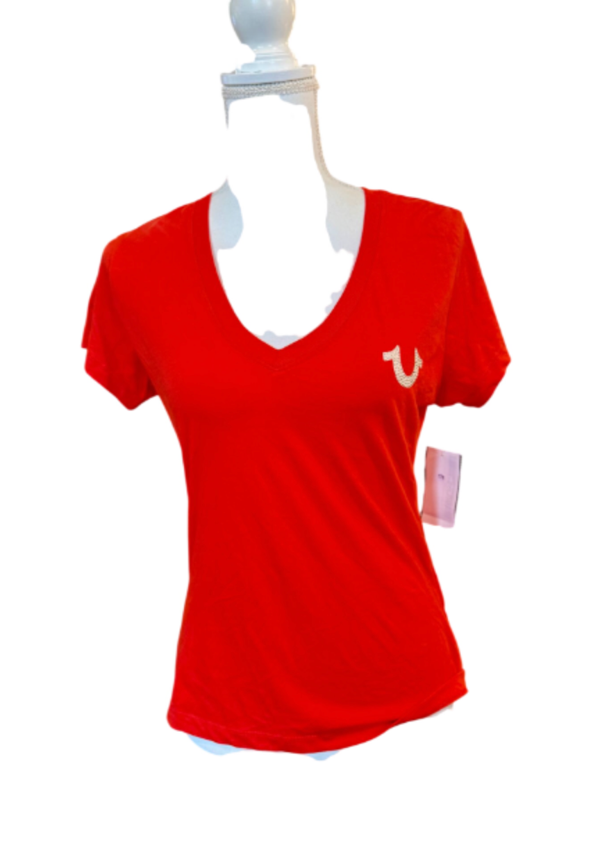 True Religion Women's Crystal Embroidered V-Neck Tee Firey Red, Small  NWT
