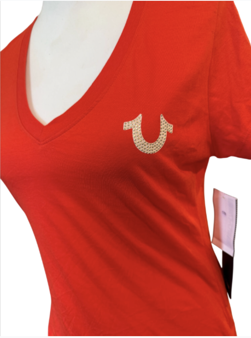 True Religion Women's Crystal Embroidered V-Neck Tee Firey Red, Small  NWT