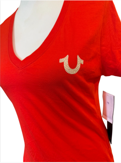 True Religion Women's Crystal Embroidered V-Neck Tee Firey Red, Small  NWT