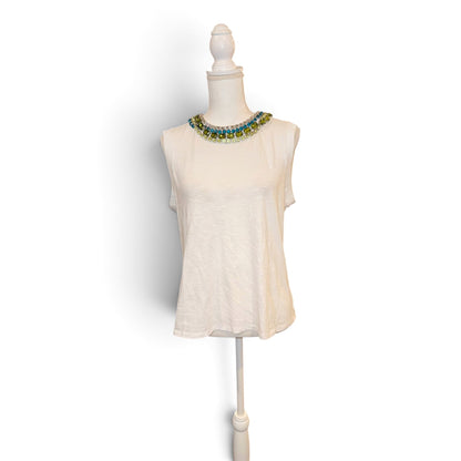 Cinq à Sept Beaded Collar Sleeveless White Top Medium 100% Cotton Made In China