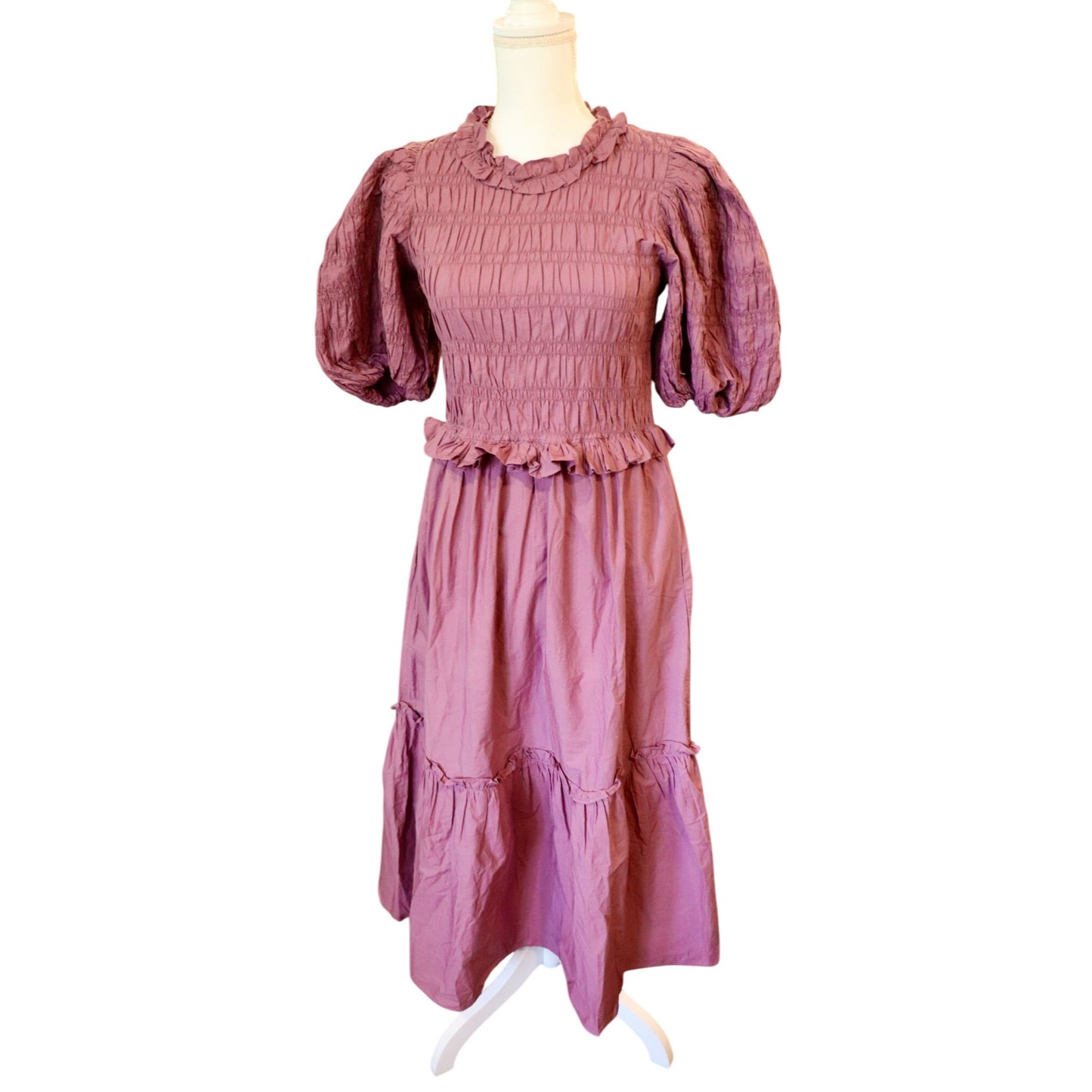 Sea New York Puff Sleeve Smocked Orchid Midi Dress, Size 4 NWT