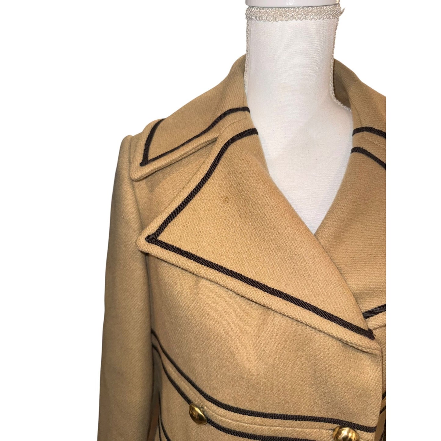 Vintage Tan Double-Breasted Military Style Wool Coat With Black Piping & Gold Buttons, Small