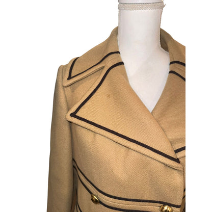 Vintage Tan Double-Breasted Military Style Wool Coat With Black Piping & Gold Buttons, Small
