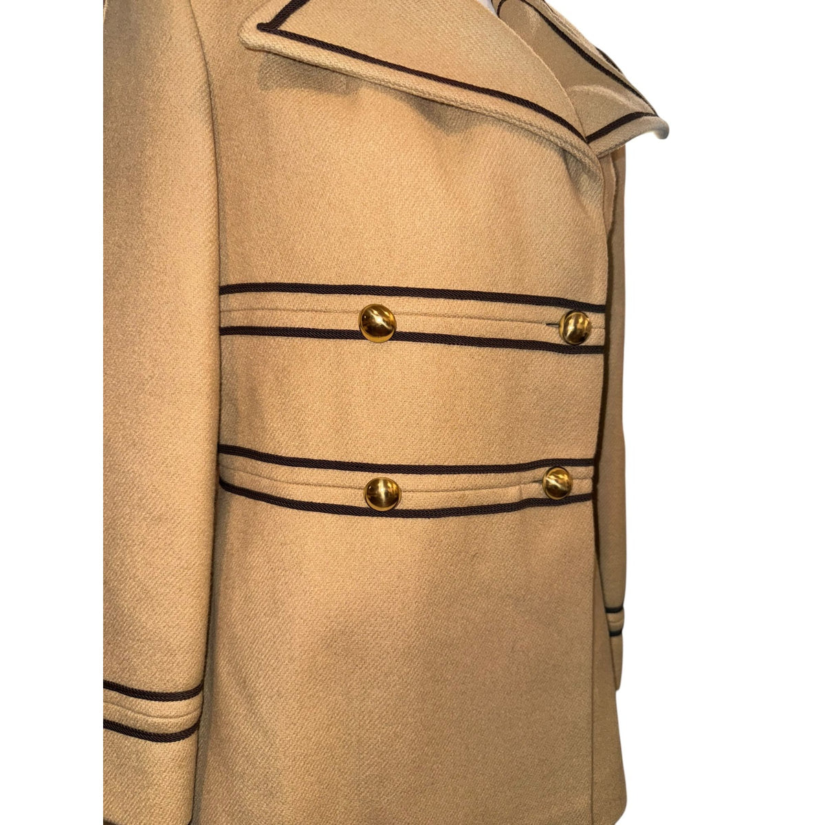 Vintage Tan Double-Breasted Military Style Wool Coat With Black Piping & Gold Buttons, Small