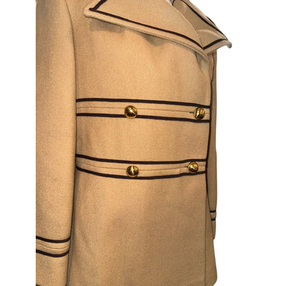 Vintage Tan Double-Breasted Military Style Wool Coat With Black Piping & Gold Buttons, Small