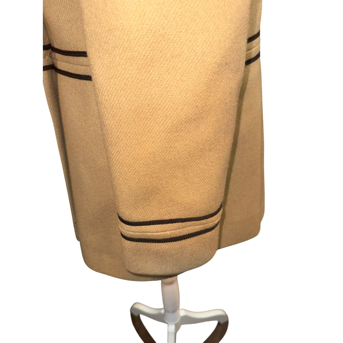 Vintage Tan Double-Breasted Military Style Wool Coat With Black Piping & Gold Buttons, Small