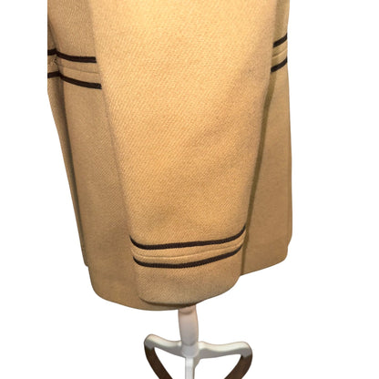 Vintage Tan Double-Breasted Military Style Wool Coat With Black Piping & Gold Buttons, Small