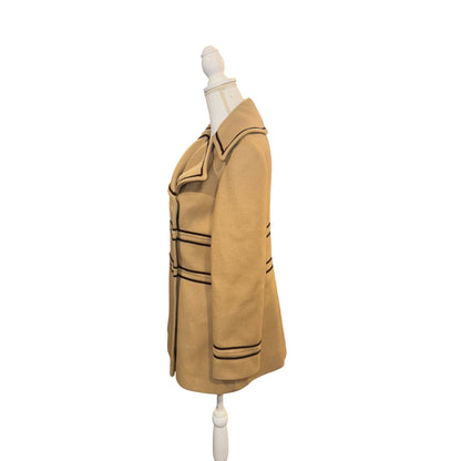 Vintage Tan Double-Breasted Military Style Wool Coat With Black Piping & Gold Buttons, Small