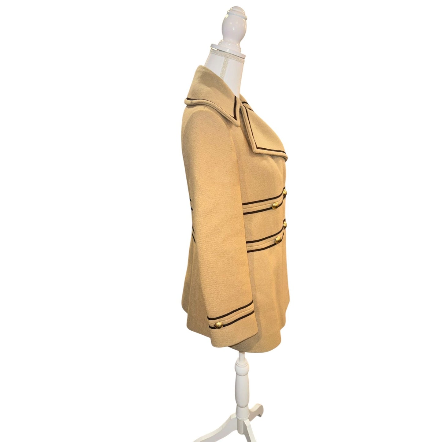 Vintage Tan Double-Breasted Military Style Wool Coat With Black Piping & Gold Buttons, Small