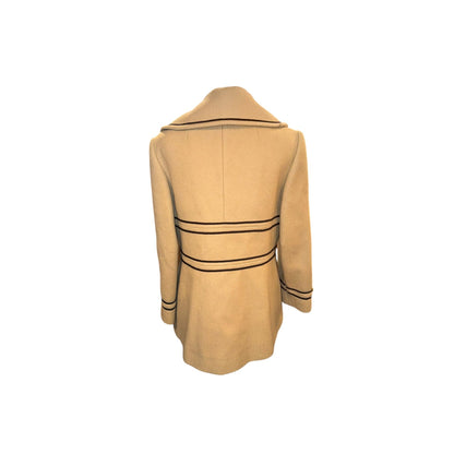 Vintage Tan Double-Breasted Military Style Wool Coat With Black Piping & Gold Buttons, Small