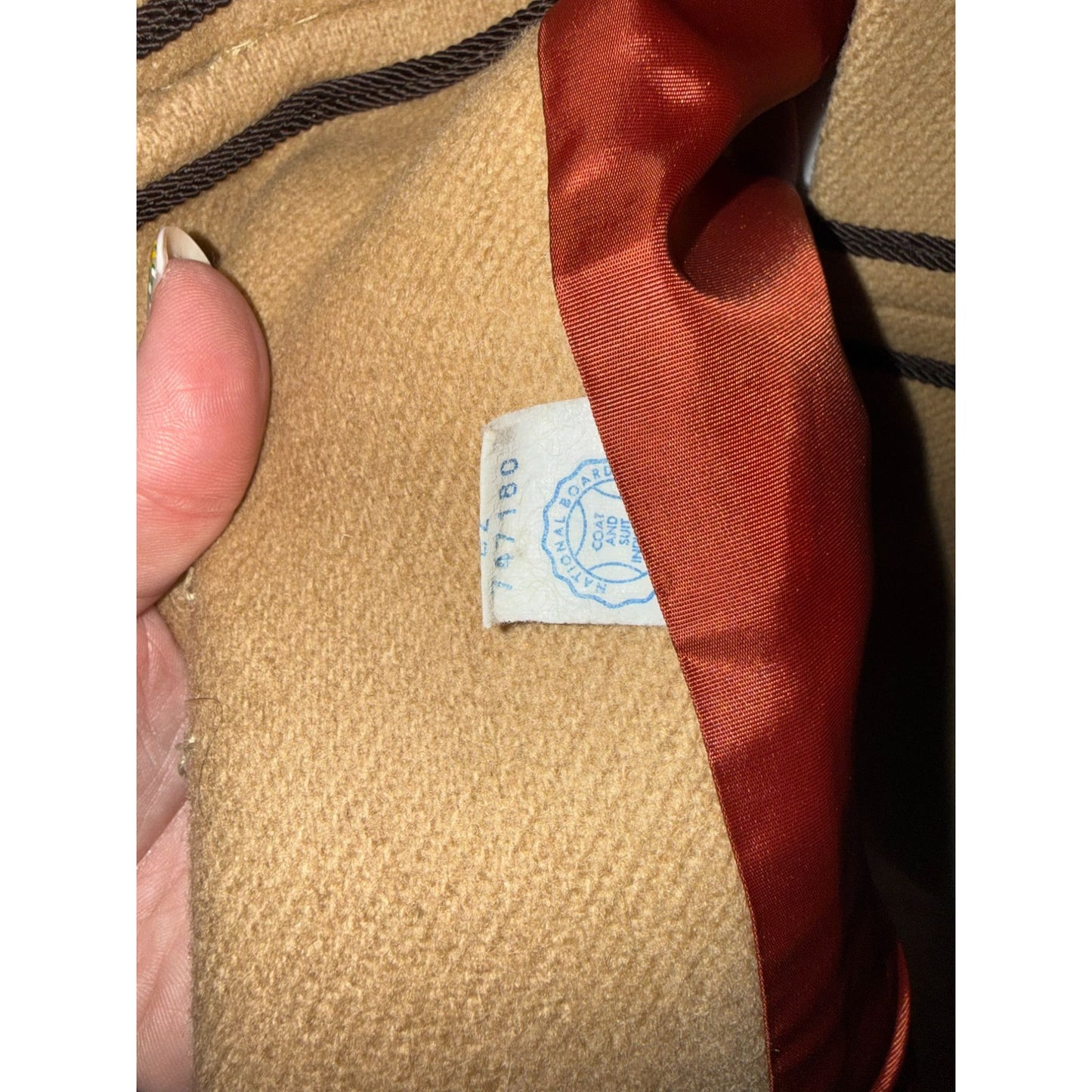 Vintage Tan Double-Breasted Military Style Wool Coat With Black Piping & Gold Buttons, Small