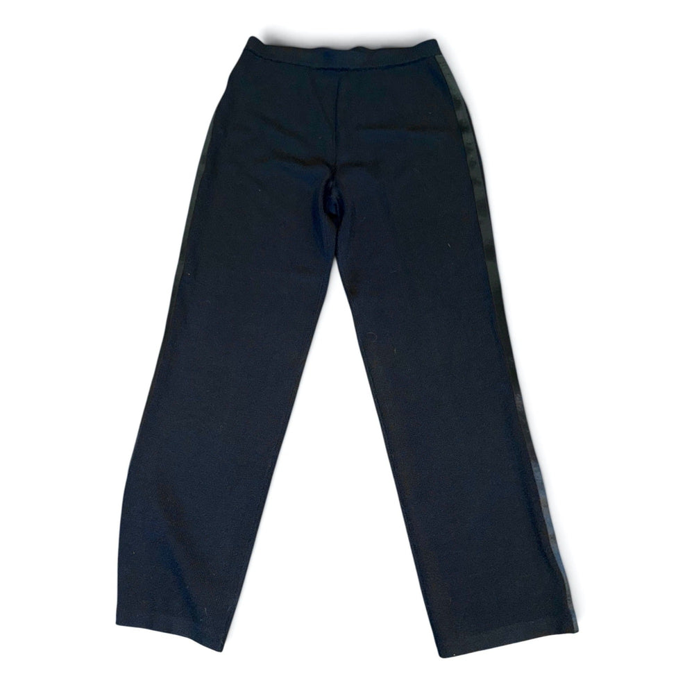 Front view: St. John Evening Black Knit Pants Size 10 Wool Blend Satin Side Stripe