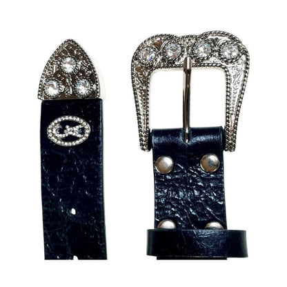 Christine Alexander Swarovski Leather Belt With Silver Buckle & Accents