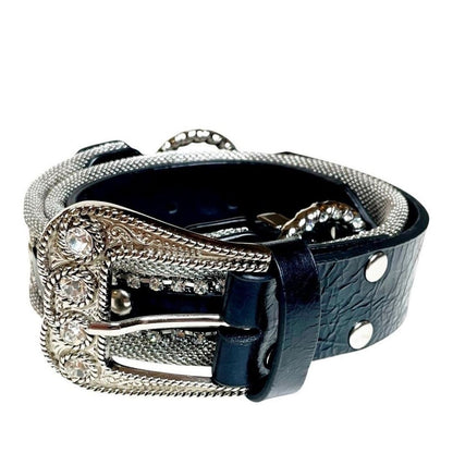 Christine Alexander Swarovski Leather Belt With Silver Buckle & Accents