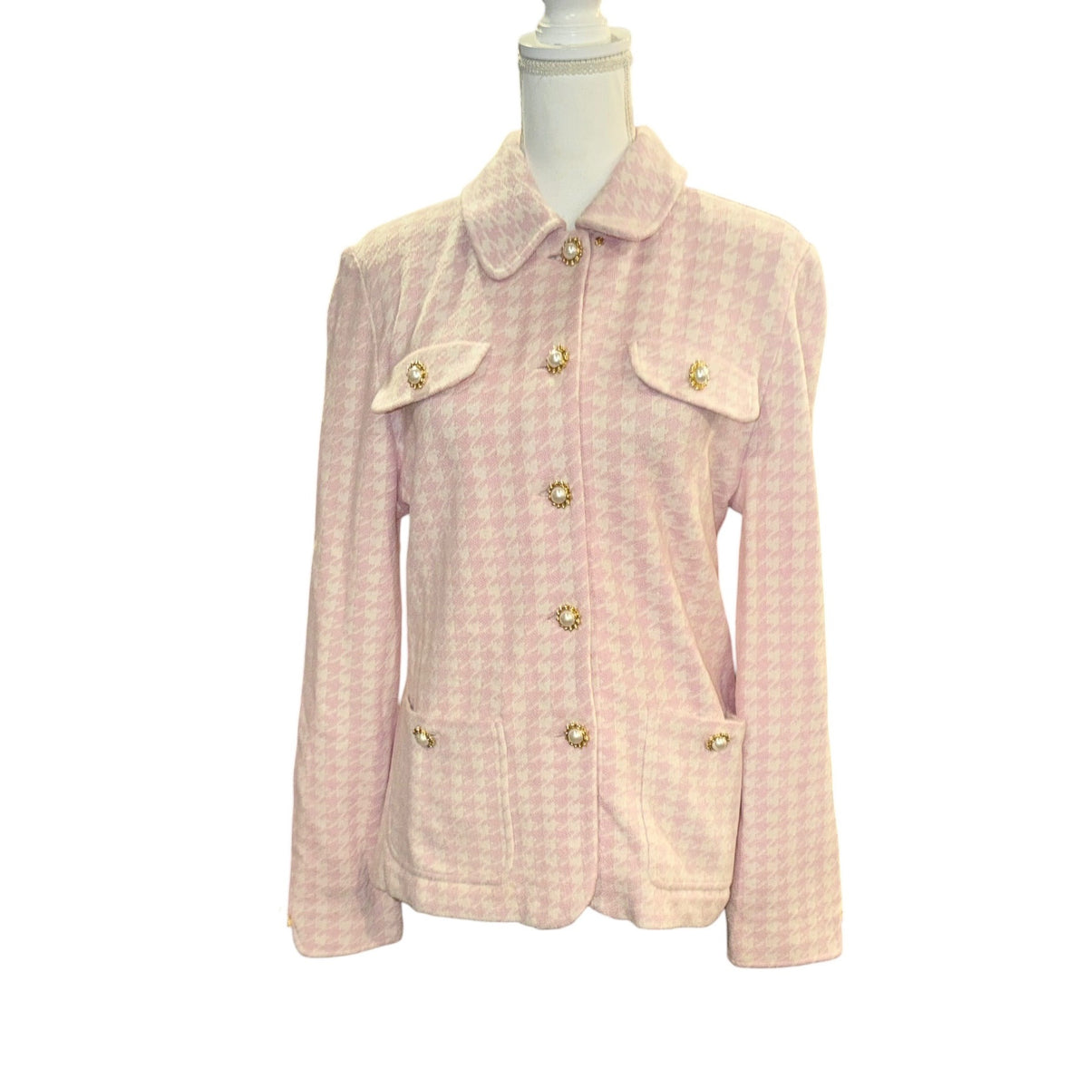 St. John Collection Pink Houndstooth Knit Jacket Size 12 Pearl Button Front USA Made