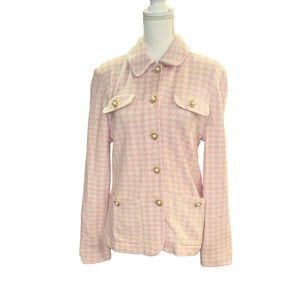 St. John Collection Pink Houndstooth Knit Jacket Size 12 Pearl Button Front USA Made