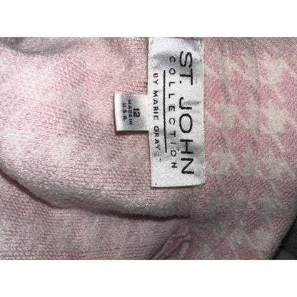 St. John Collection Pink Houndstooth Knit Jacket Size 12 Pearl Button Front USA Made