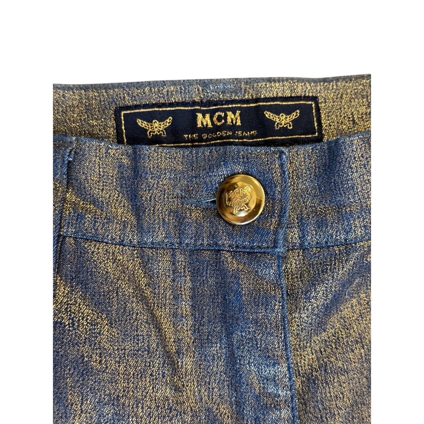MCM Womens Metallic Gold Denim Straight Leg Jeans Size 44/US 6