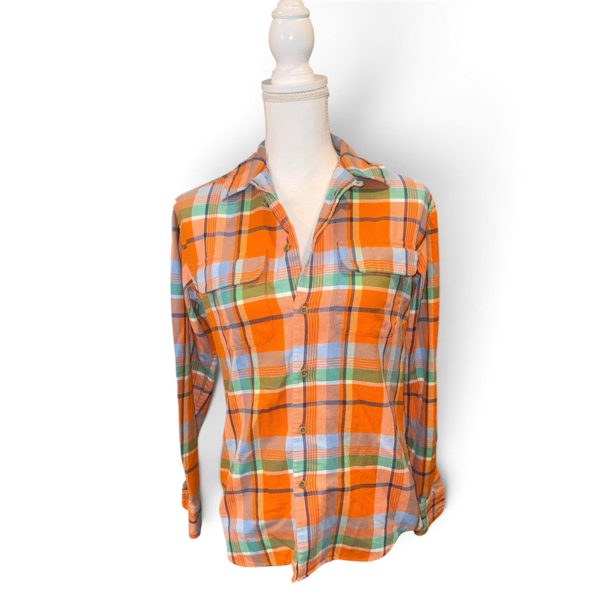Ralph Lauren Orange Multicolor Plaid Button-Down Womens Shirt Size 2 Long Sleeve Cotton