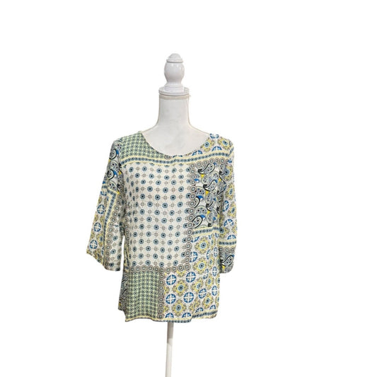Caliban 100% Silk Patchwork Print Blouse 3/4 Sleeves Size 40/US 4