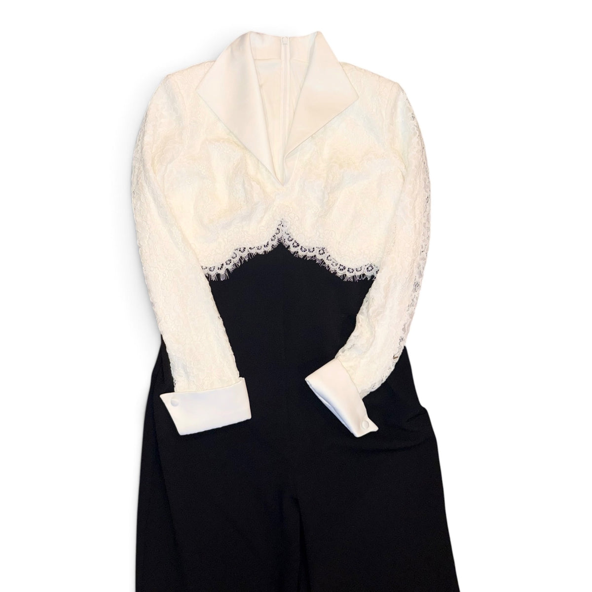 Tadashi Shoji Womens Black & White Lace Jumpsuit Size 6 With Long Sleeves & Wide-Leg Pants