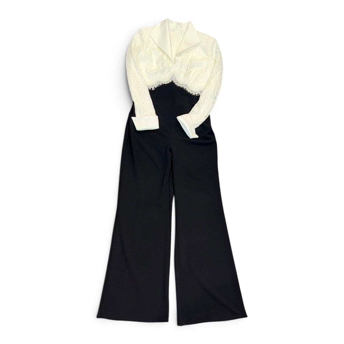 Tadashi Shoji Womens Black & White Lace Jumpsuit Size 6 With Long Sleeves & Wide-Leg Pants
