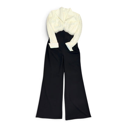 Tadashi Shoji Womens Black & White Lace Jumpsuit Size 6 With Long Sleeves & Wide-Leg Pants